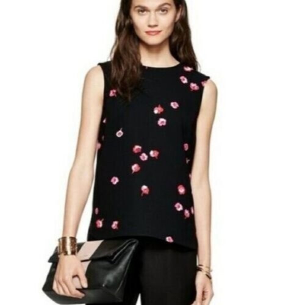 Kate Spade Size 0 Floral Do Wonders Tank Top Black Pink Sleeveless Hi-Lo Hem